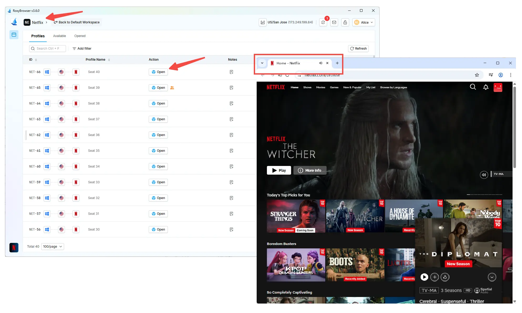 Click Open and you're instantly connected to US Netflix Premium by RoxyBrowser.webp