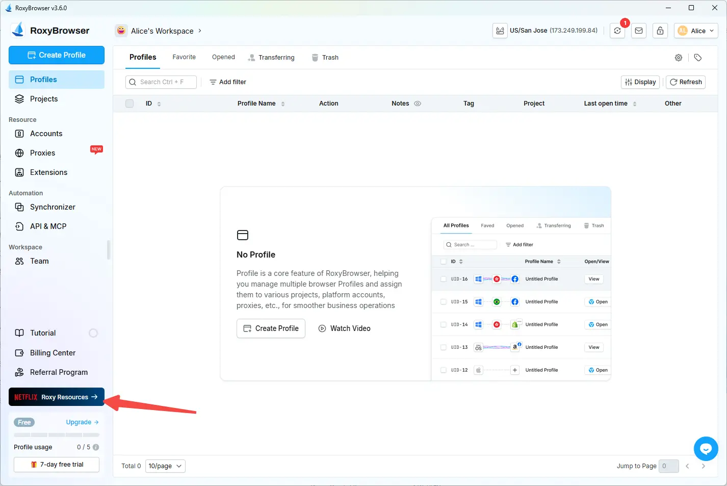 RoxyBrowser dashboard with Netflix Space.webp